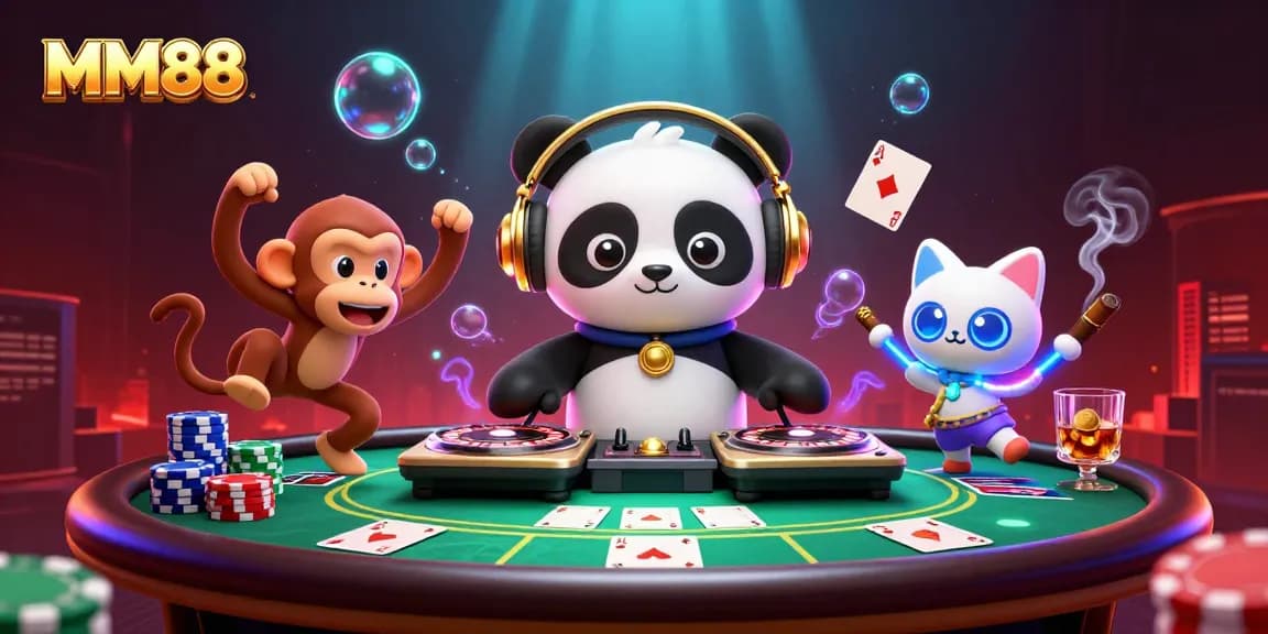 Engaging MM88 casino scene with DJ panda and gaming elements creating a festive atmosphere.