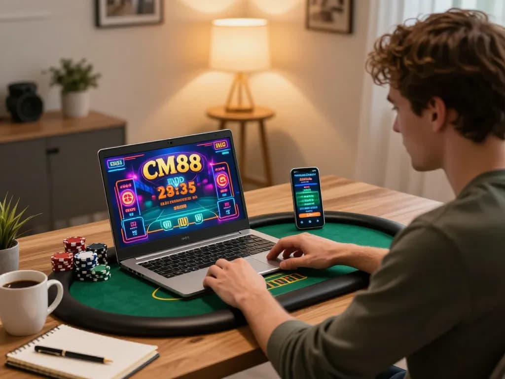Play cm88 poker online with engaging gameplay and vibrant graphics in a modern home office.