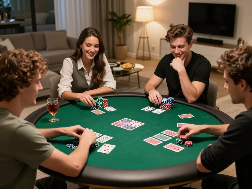 Players enjoy a lively home poker game at sc88, showcasing chips and strategy in a warm ambiance.