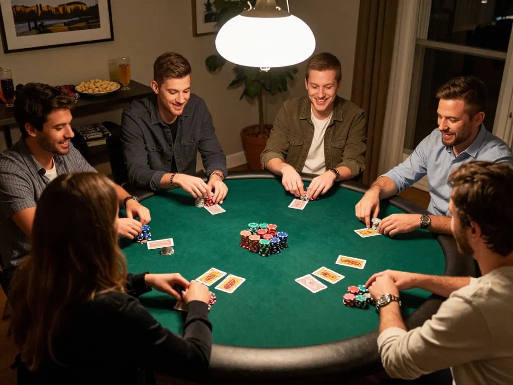 Bong88 players enjoying a competitive poker night with cards and chips at a warm-lit home