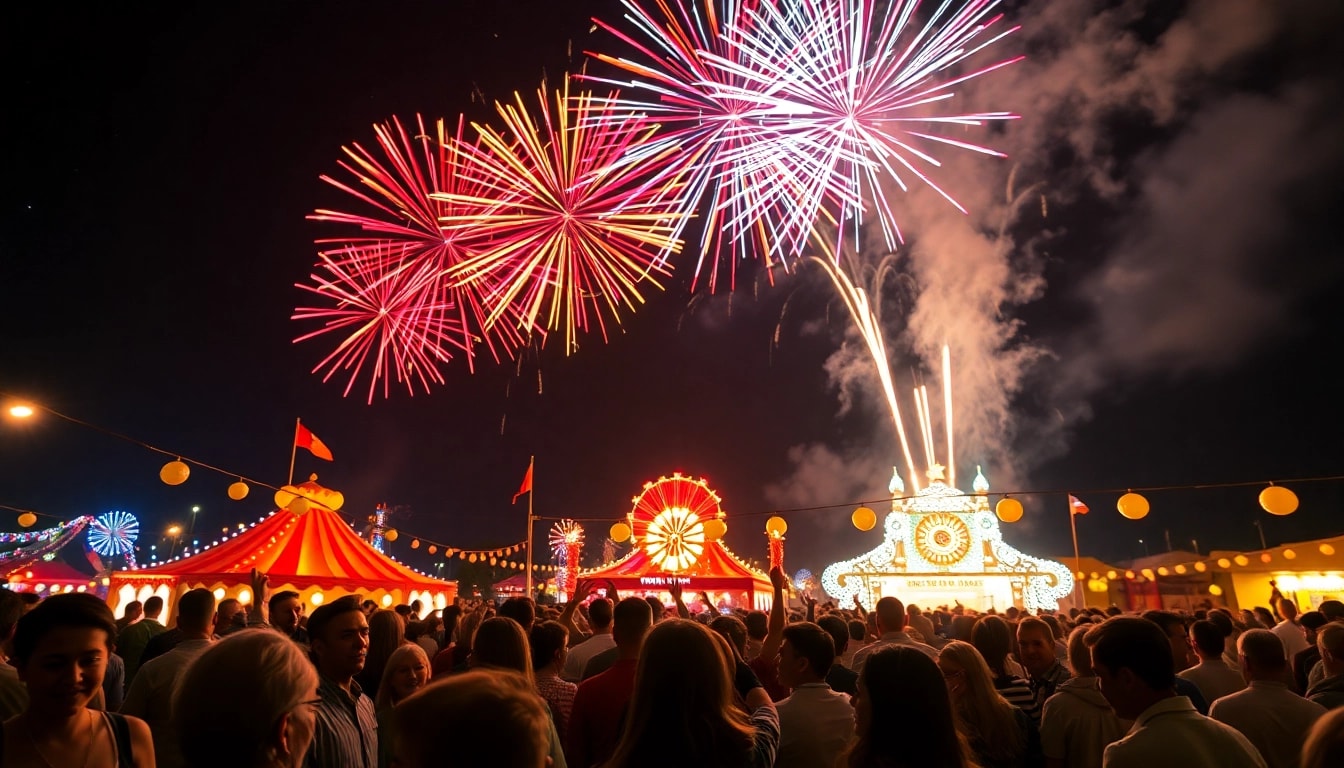Vibrant fireworks uk festival celebration with a colorful display over an excited crowd.