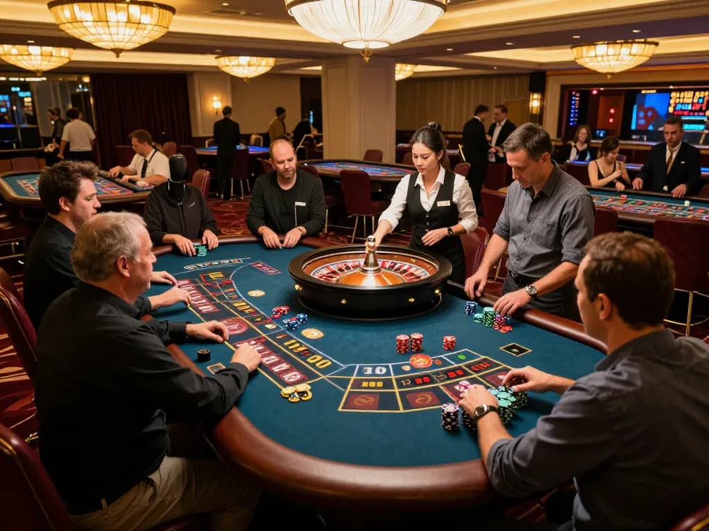 Players enjoying a live roulette game at GO8 casino with vibrant atmosphere and professional croupier