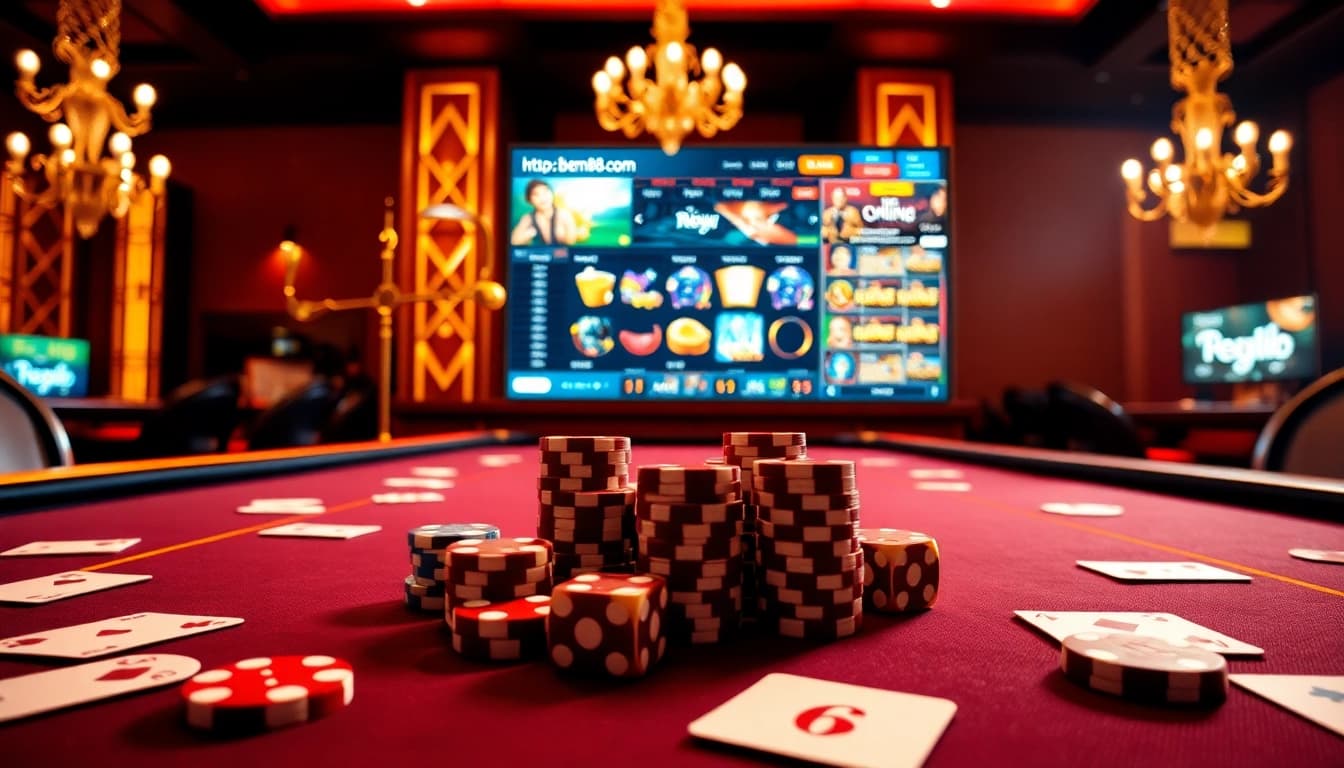 Experience thrilling gaming action with https://bem88.com and vibrant casino elements like poker chips and cards.