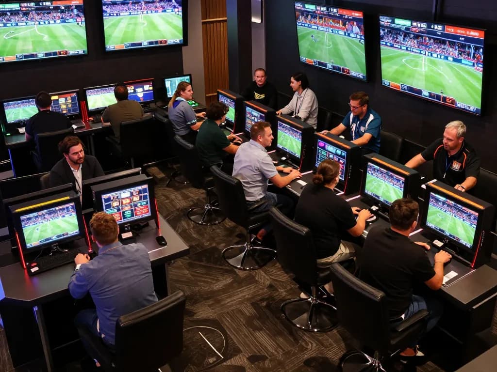 1gom bettors eagerly placing live sports bets in a modern lounge with screens showing various games.