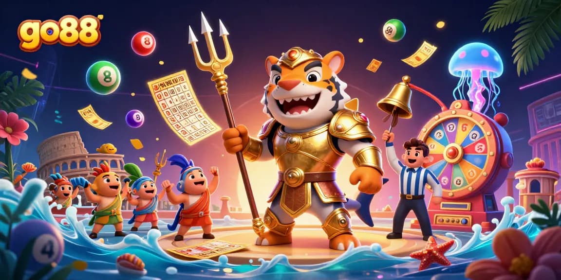 Experience excitement with go88 as a fierce shark in gladiator armor battles in a vibrant underwater arcade.
