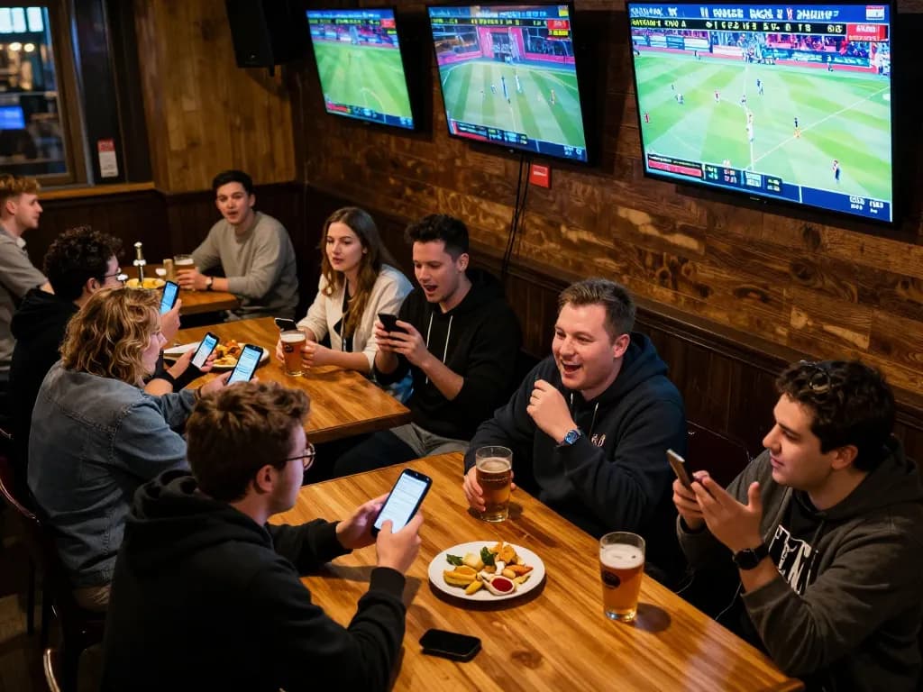 Hbet users engaging in live sports betting at a lively sports bar, surrounded by multiple screens and enthusiastic atmosphere.