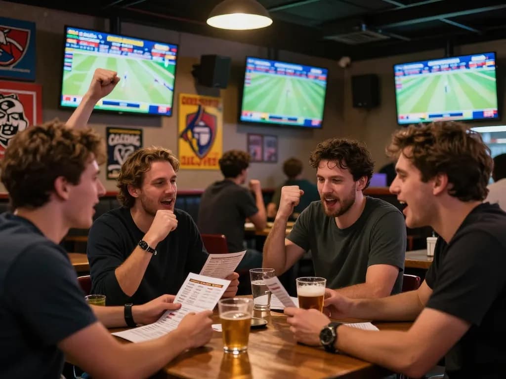 Soi kèo: Enthusiastic friends engaged in sports betting with live games on multiple screens.