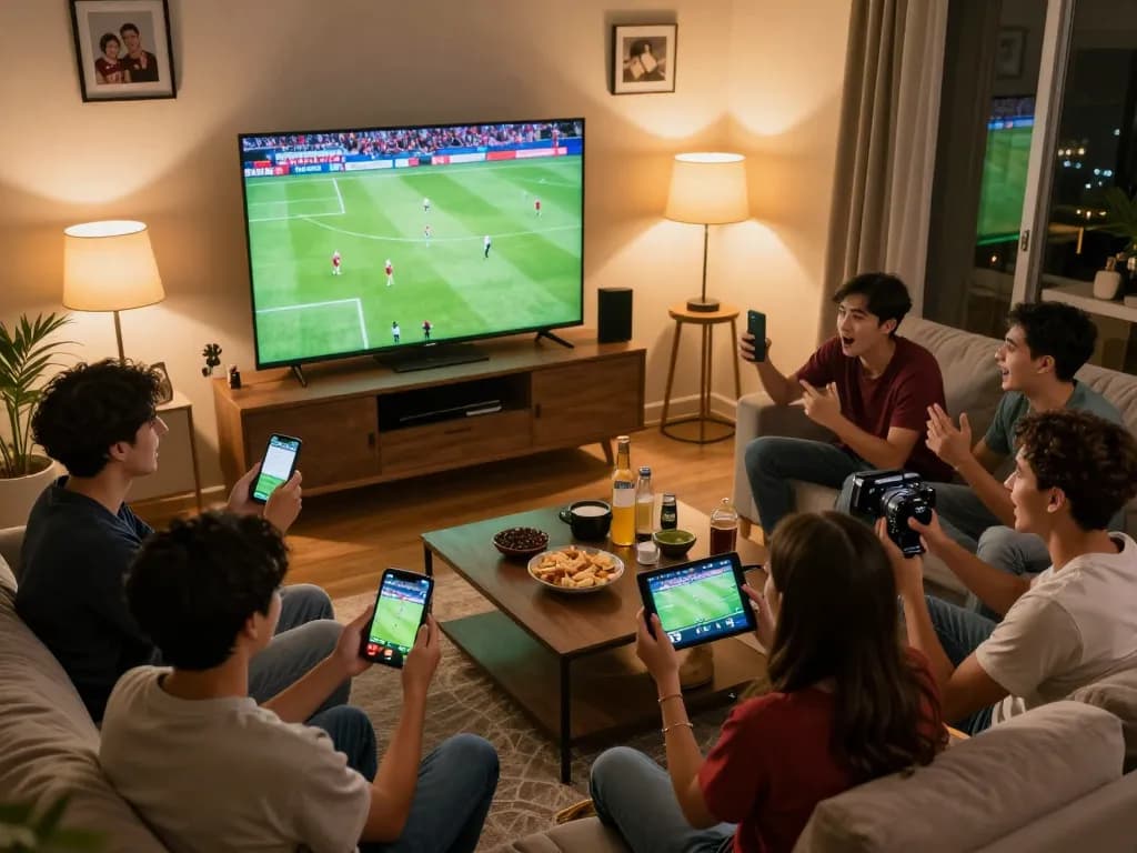 Experience live football betting with vuasanco as friends enjoy the game on a big screen, smartphones in hand.