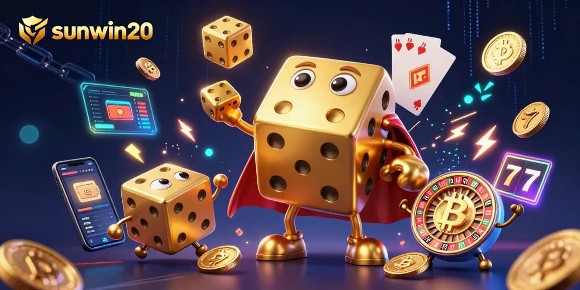 Engaging scene showcasing sunwin20 with vibrant casino elements and golden dice characters.
