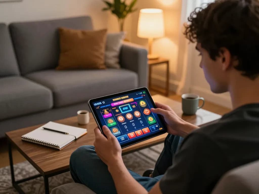 Engaging in responsible gaming on https://red88tt.com/ with a tablet at home, showcasing a cozy atmosphere.