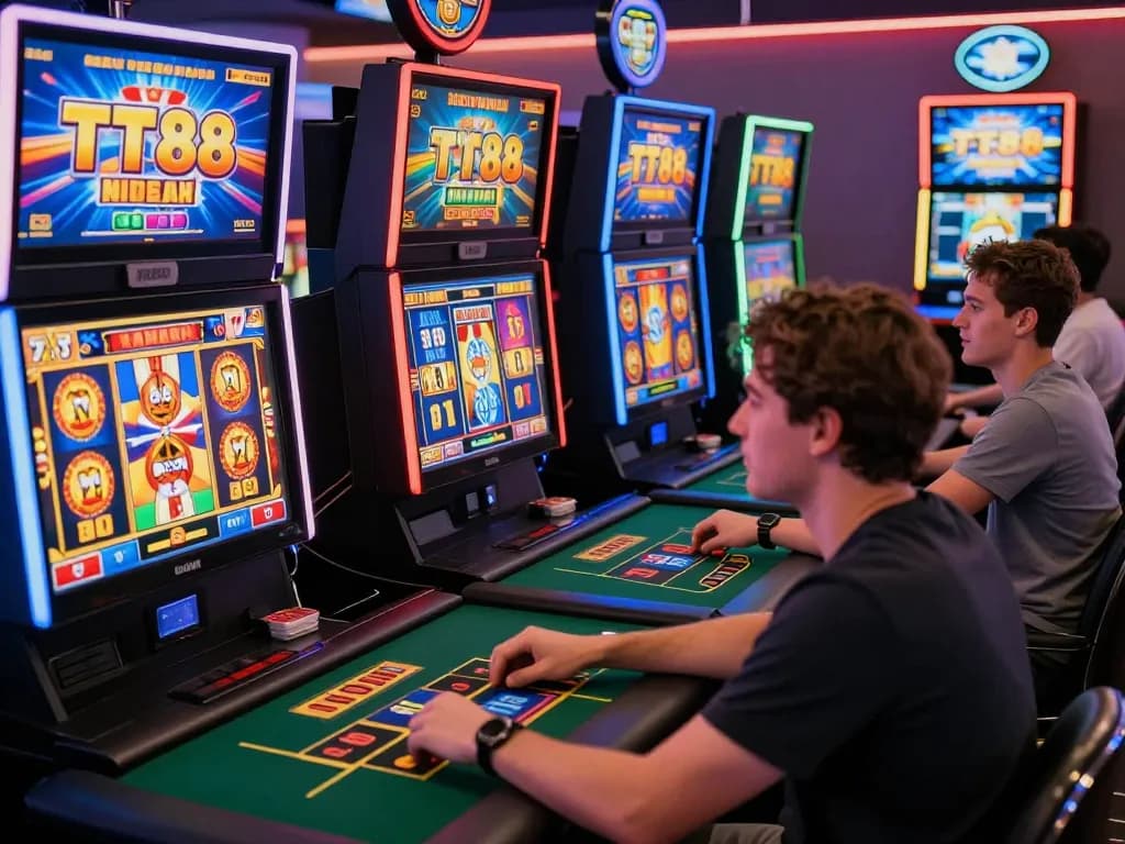 Diverse players enjoying TT88 online gambling experience with live dealers and slot machines.