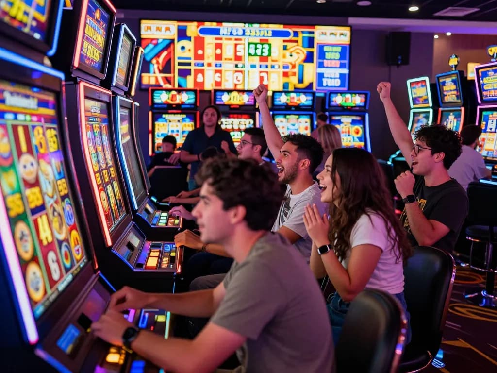 Players enjoying thrilling slots at PUCUK138 casino, celebrating wins amid vibrant lights.
