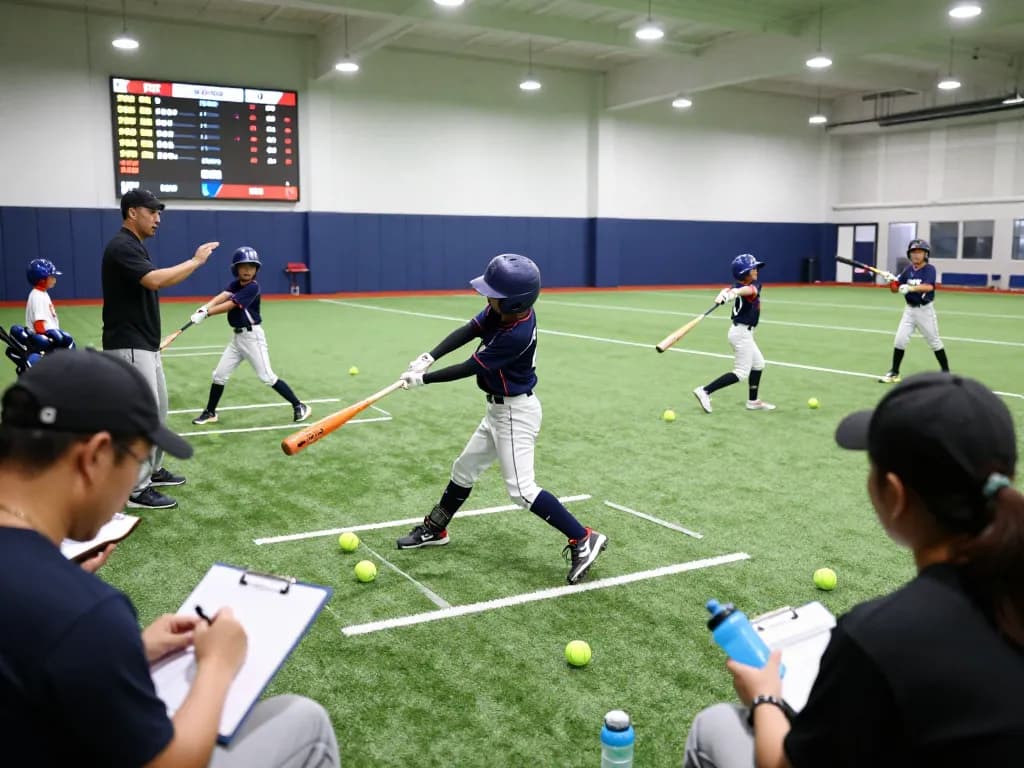 Hit Club baseball training session showing players batting and a coach instructing in a vibrant indoor setting.