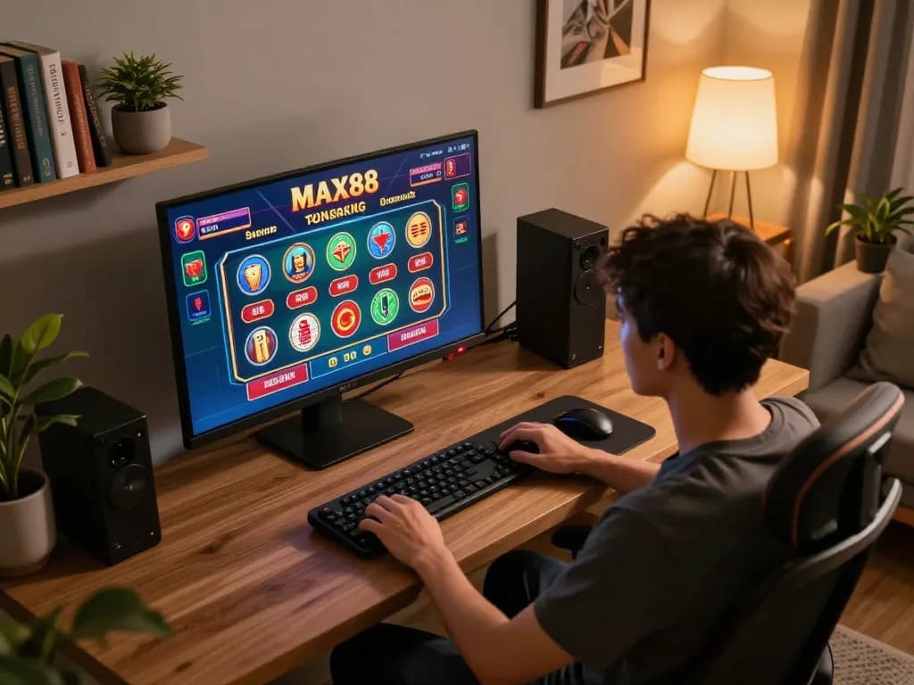 Player engaging with MAX88 online casino games in a cozy home office setting.