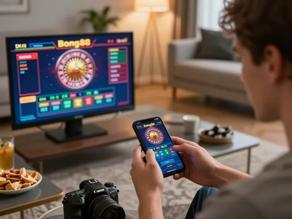 Bong88 player enjoying online roulette on smartphone in a cozy living room, emphasizing strategic gameplay