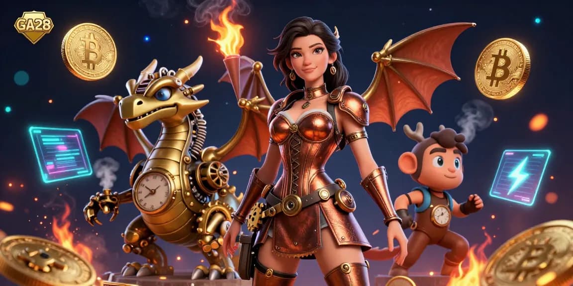 Engage with GA28's vibrant 3D casino scene featuring a steampunk woman and dragon amidst crypto coins.