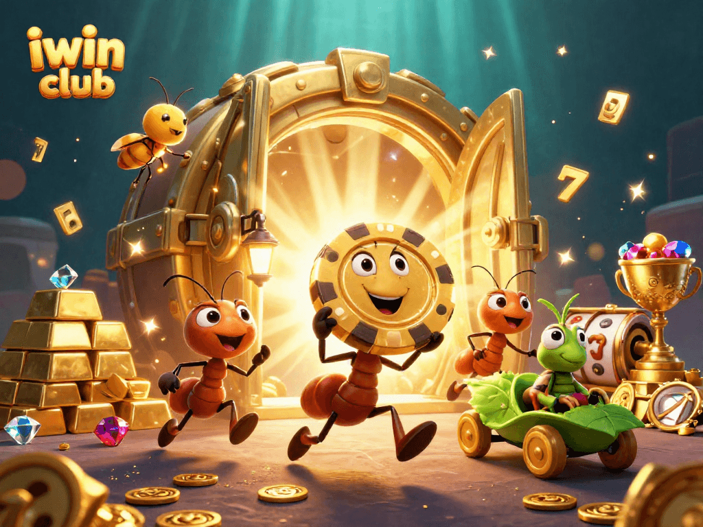 Join the excitement at iwin club, where cartoon ants chase gold chips among dazzling casino treasures.