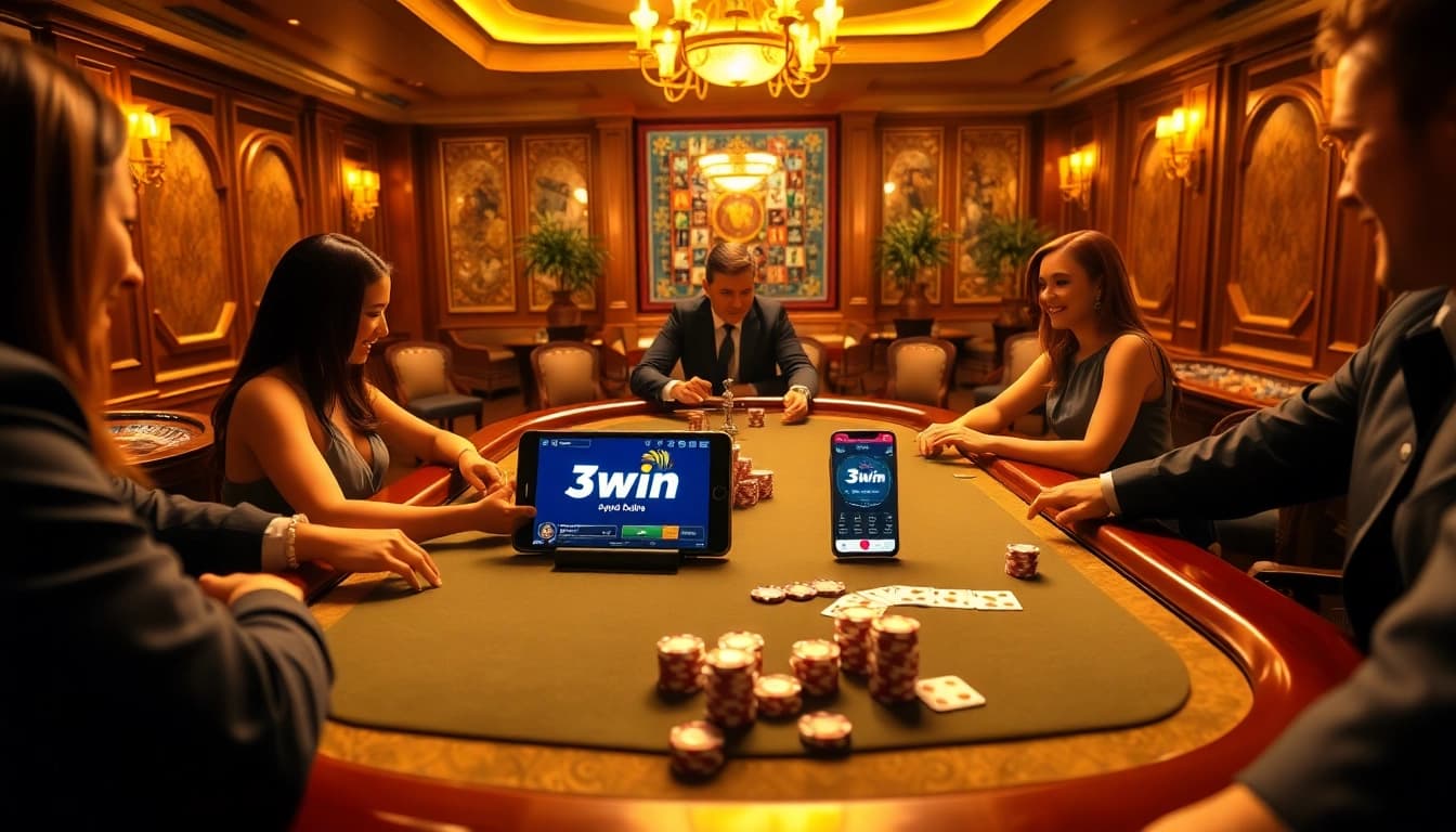 Excited players enjoying a vibrant poker game at 3win casino, showcasing luxury and strategy.