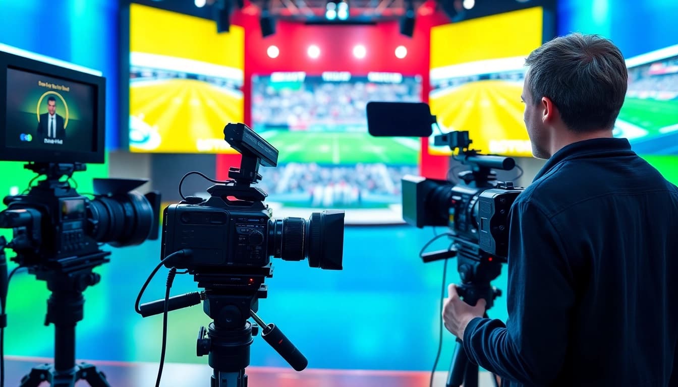 Engaging scene of Sports Broadcasting with advanced equipment and live event displays.