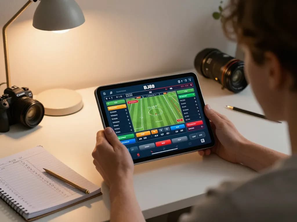 Engaging in sports betting on BJ88 app from a cozy home setup, showing strategic notes.