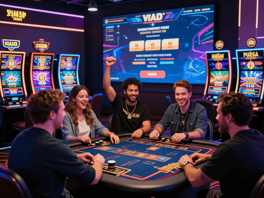 A vibrant scene showcasing players at a non-UK casino, enjoying diverse games and lively interactions on https://ghsc.co.uk, with colorful graphics and bonuses.