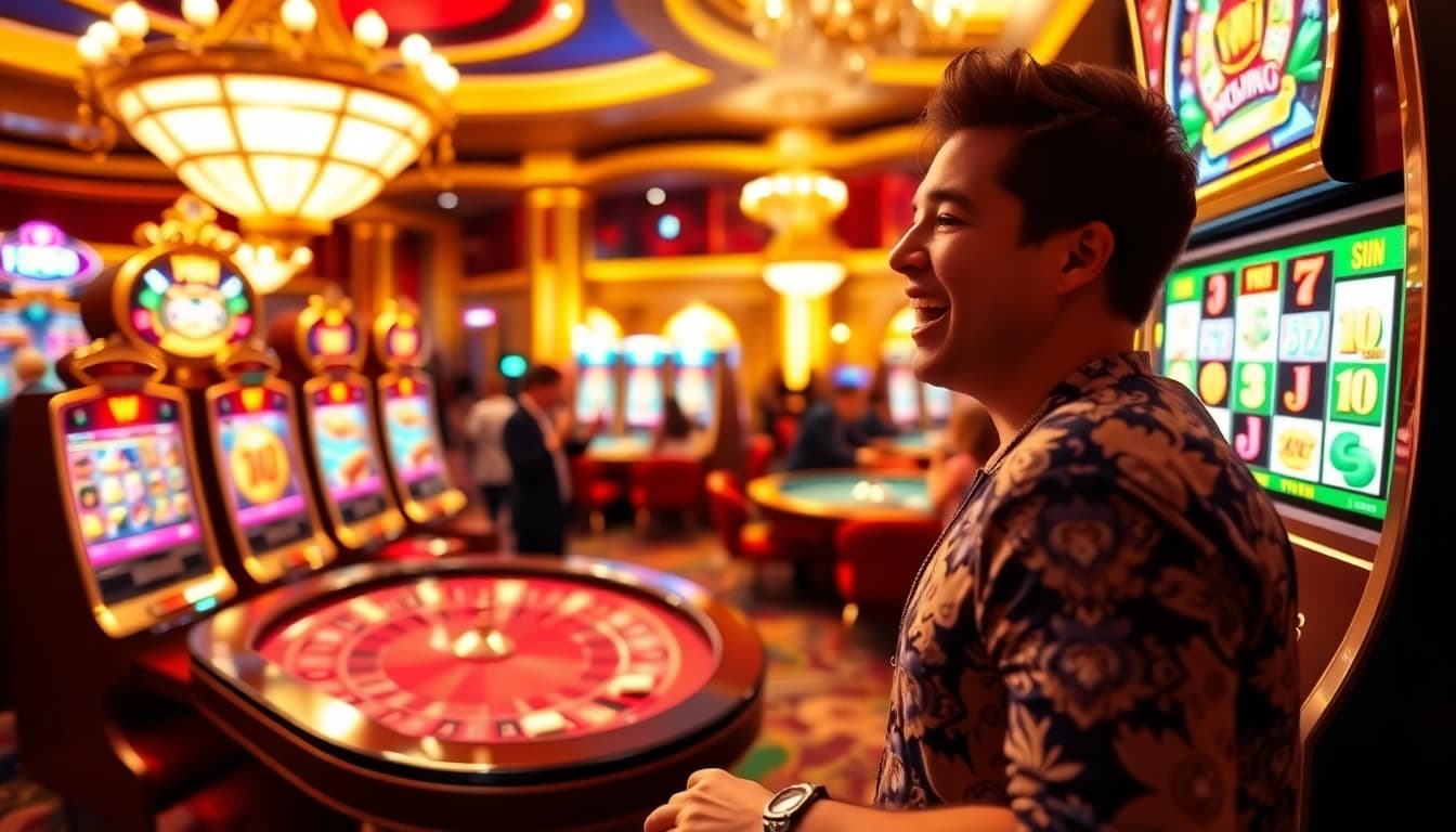 Celebrating NK88 win at an elegant casino with vibrant slot machines and excited players.