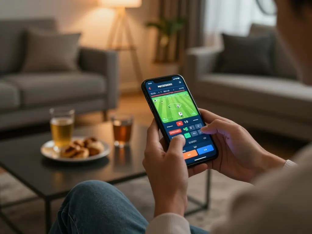Person placing bets on SHBET sports app in a cozy living room atmosphere