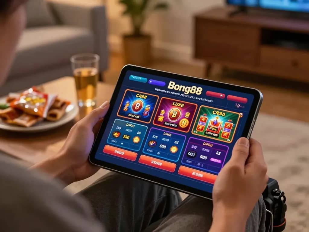 Person using Bong88 app for online gambling on a tablet in a cozy setting