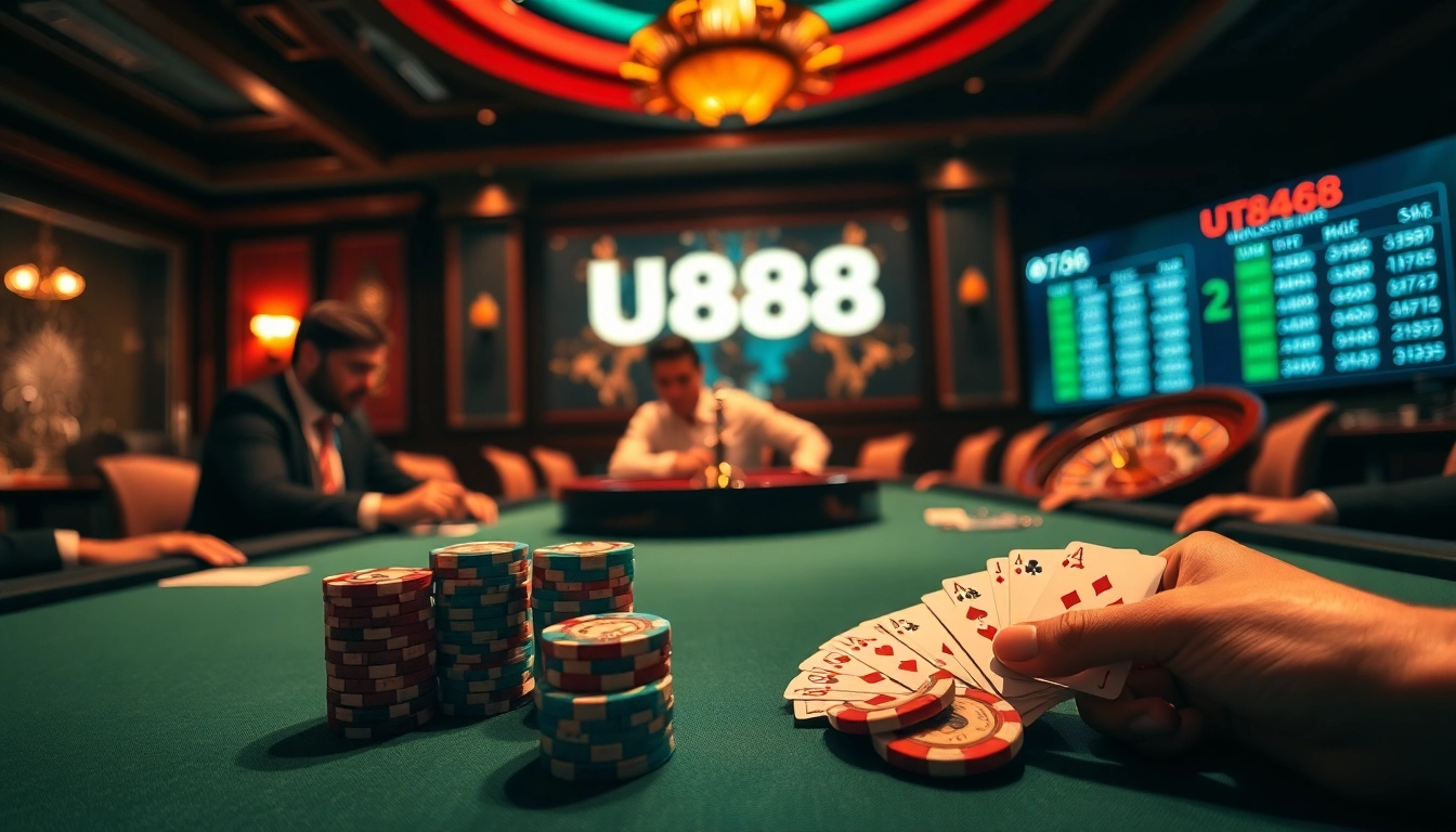 A professional poker game featuring U8888 chips and cards in a luxurious casino environment.