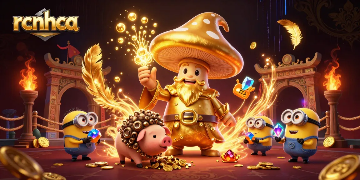 Spin to win with rcnhca: A mystical mushroom wizard and truffle pig in a vibrant casino world.