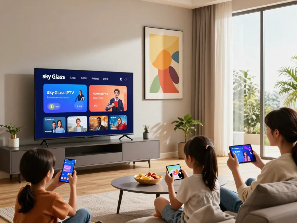 Enjoying Sky Glass IPTV Subscription in a cozy living room with family, showcasing modern streaming experience.