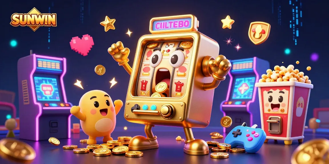 SUNWIN jackpot celebration with a golden slot machine and cheerful baby slots, showcasing vibrant game elements.
