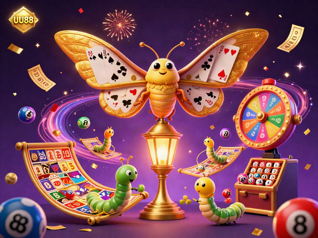 Experience thrilling fun with UU88 as colorful lottery balls bounce amidst a vibrant casino scene.