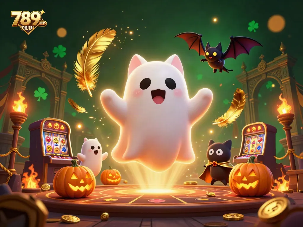 Experience thrilling gameplay at 789CLUB haunted casino with ghost cats and glowing jack-o-lanterns.