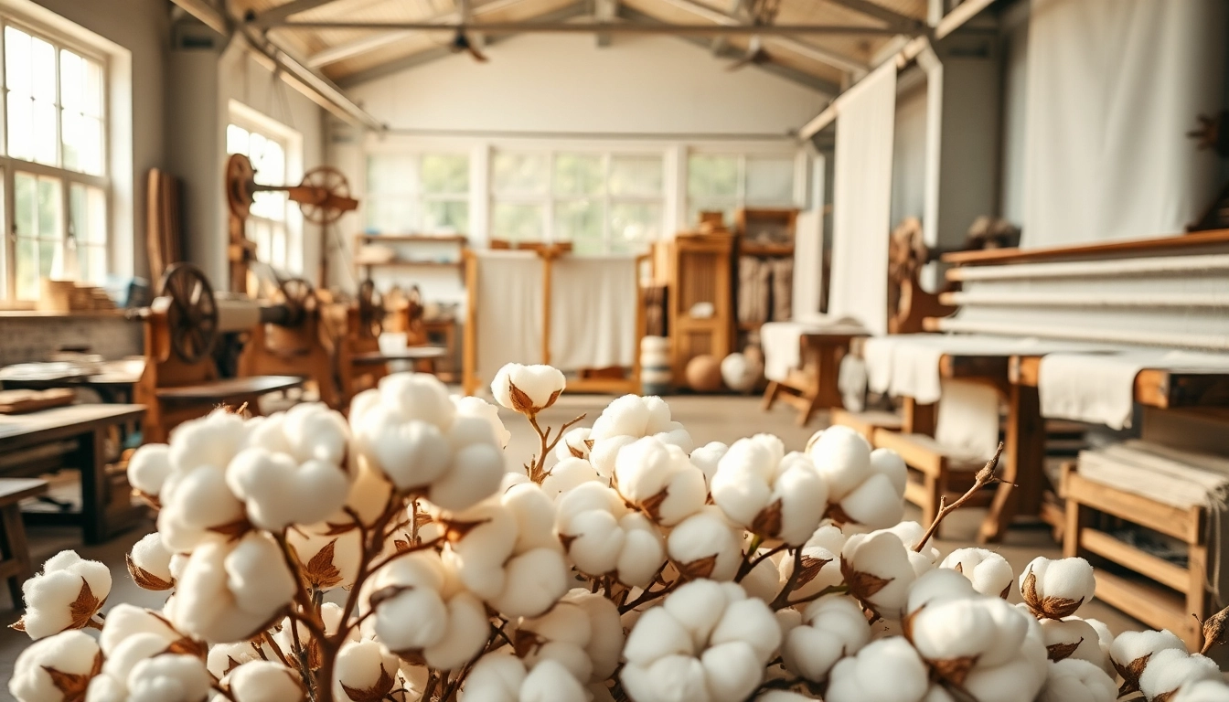 Katoen planten en stoffen in een professionele textielwerkplaats.