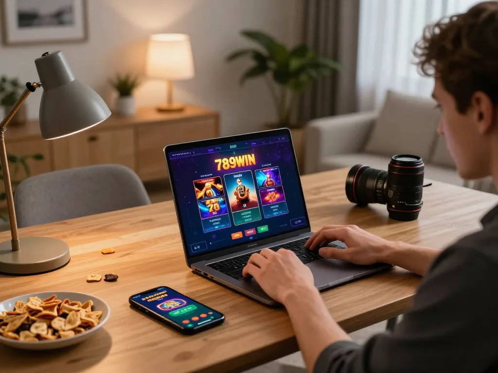 Engage in thrilling online gaming with 789WIN while enjoying a cozy home setting filled with snacks and personalized decor.