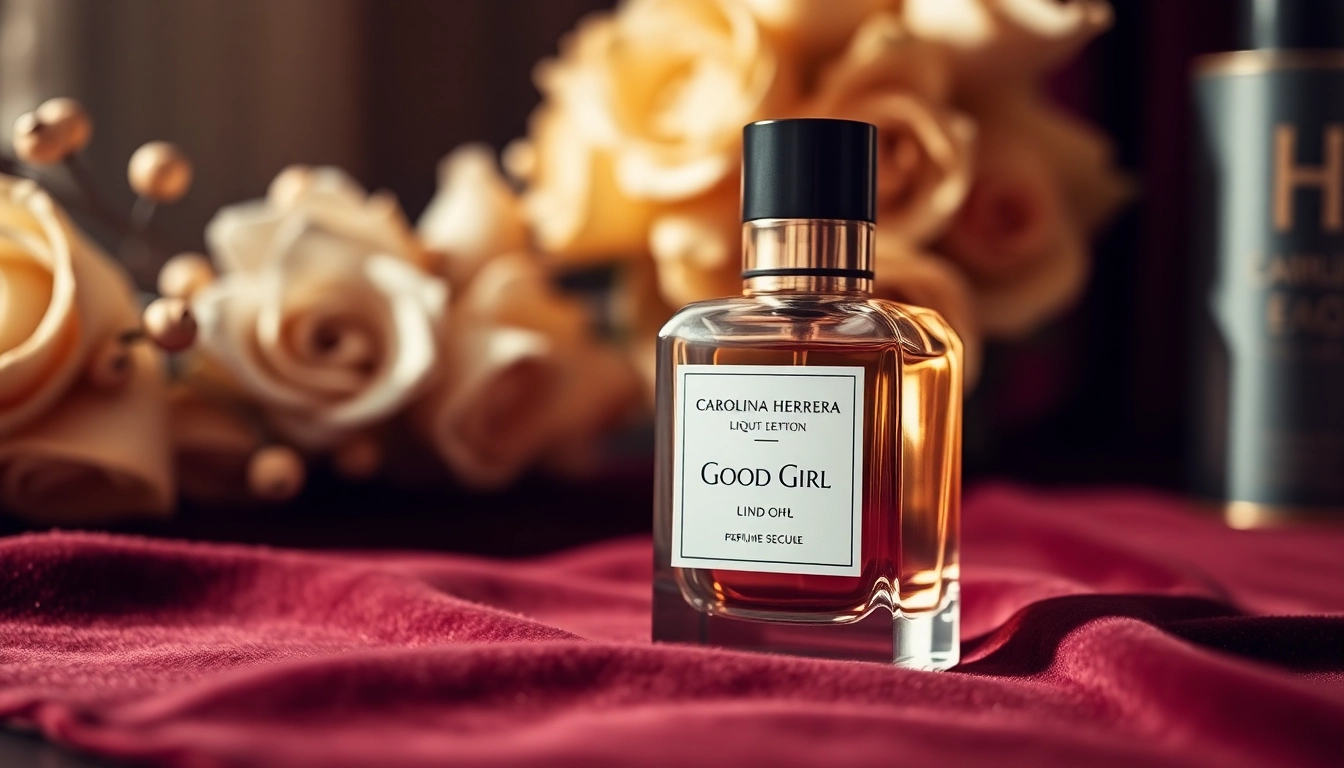 Showcase Carolina Herrera Good Girl perfume bottle with luxurious floral backdrop.
