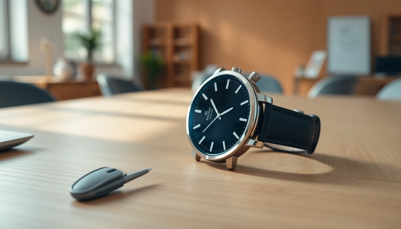 Ladies Classic Smart Watch elegantly showcasing its design on a sleek desk.