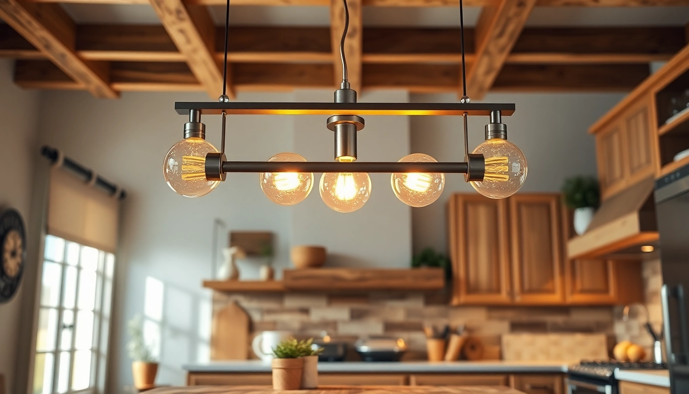 Bright island light fixture enhancing a rustic kitchen's atmosphere with warm tones.
