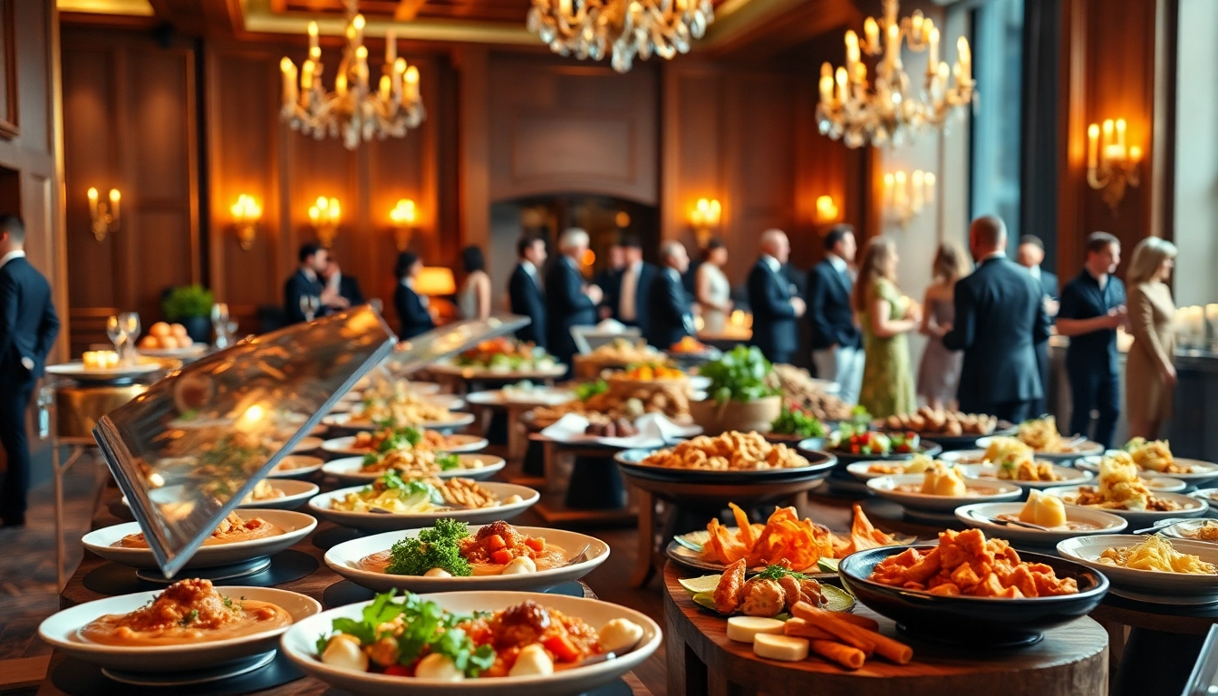 Catering hire London features an elegant buffet setup showcasing gourmet dishes and vibrant event atmosphere.