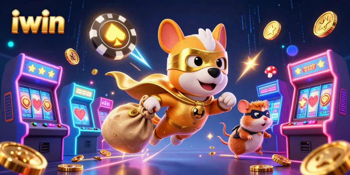 Win big with iwin in this vibrant casino-themed 3D illustration featuring fun characters and game elements.