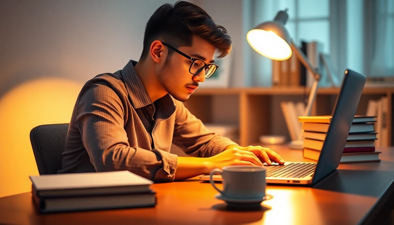 Illustration of online exams help with a dedicated student studying at a desk.