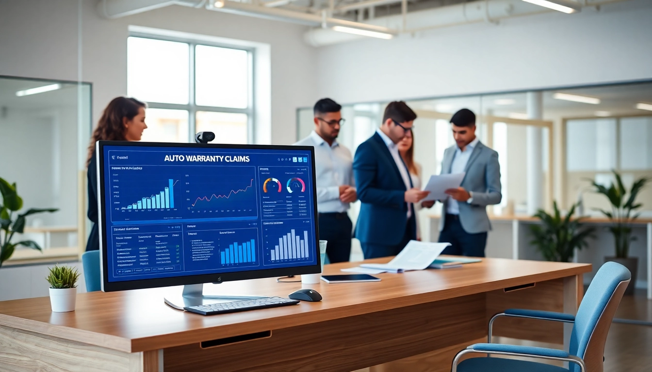Professionals discussing AI assisted auto warranty claims in a modern office setting.