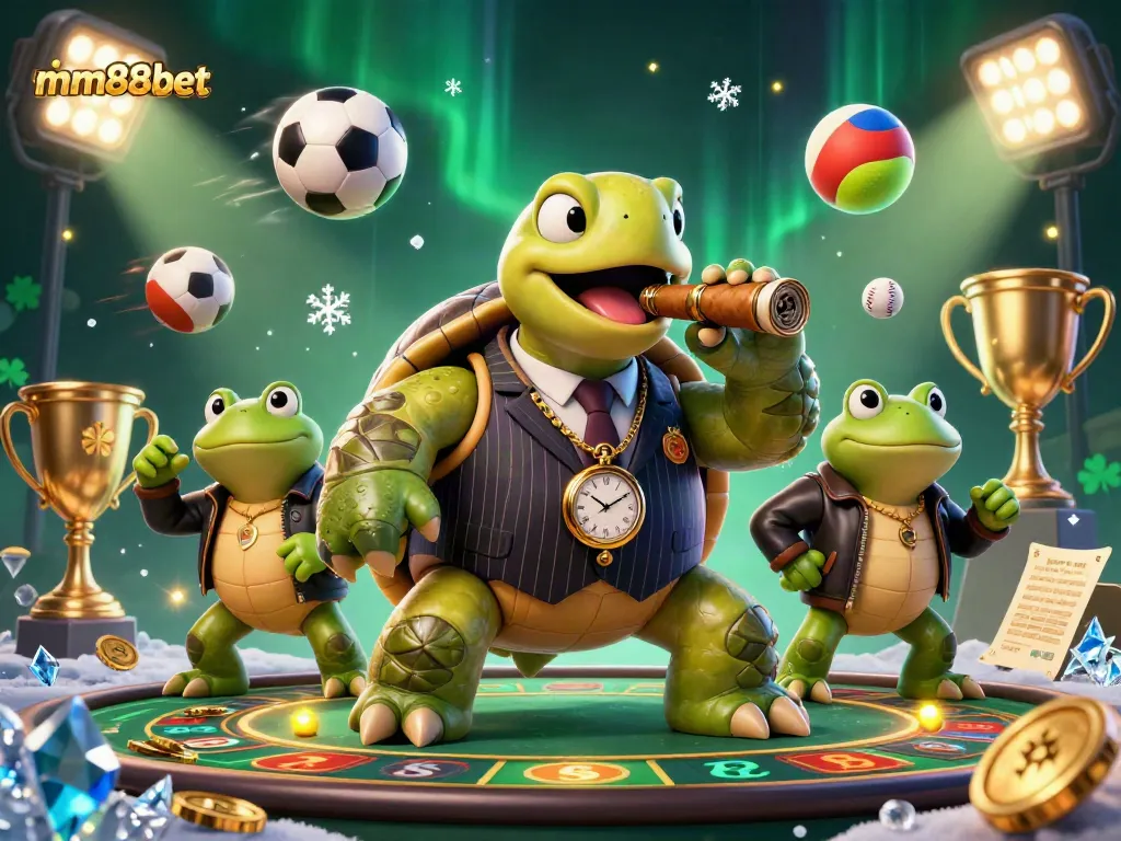 Experience the thrill of mm88bet with a dynamic casino scene featuring unique characters and sports elements.