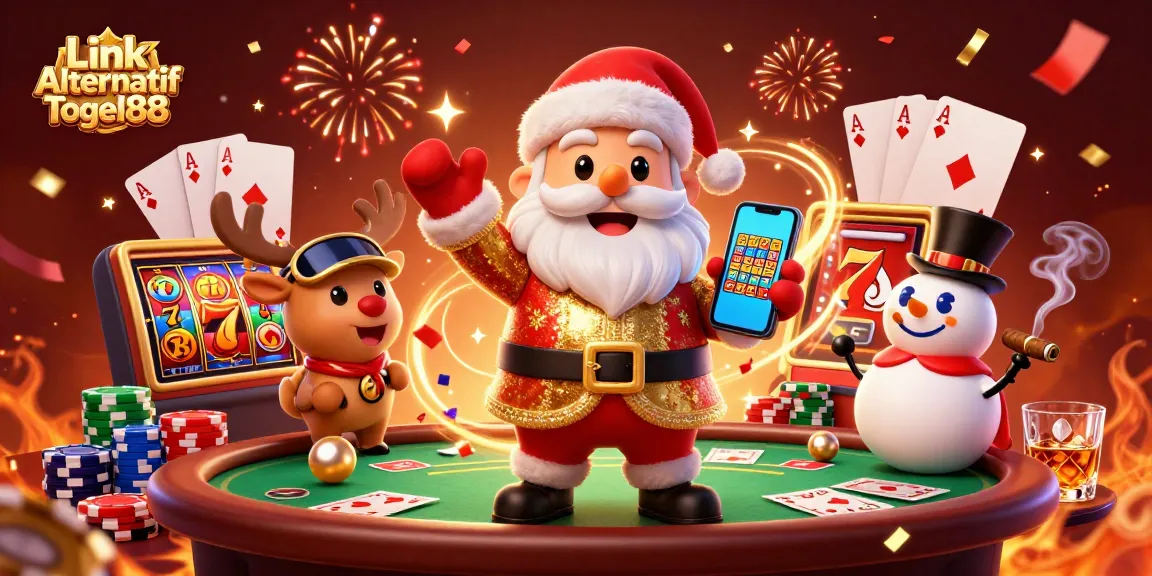 Engage with Link Alternatif Togel88's jackpot slots in a festive casino scene.