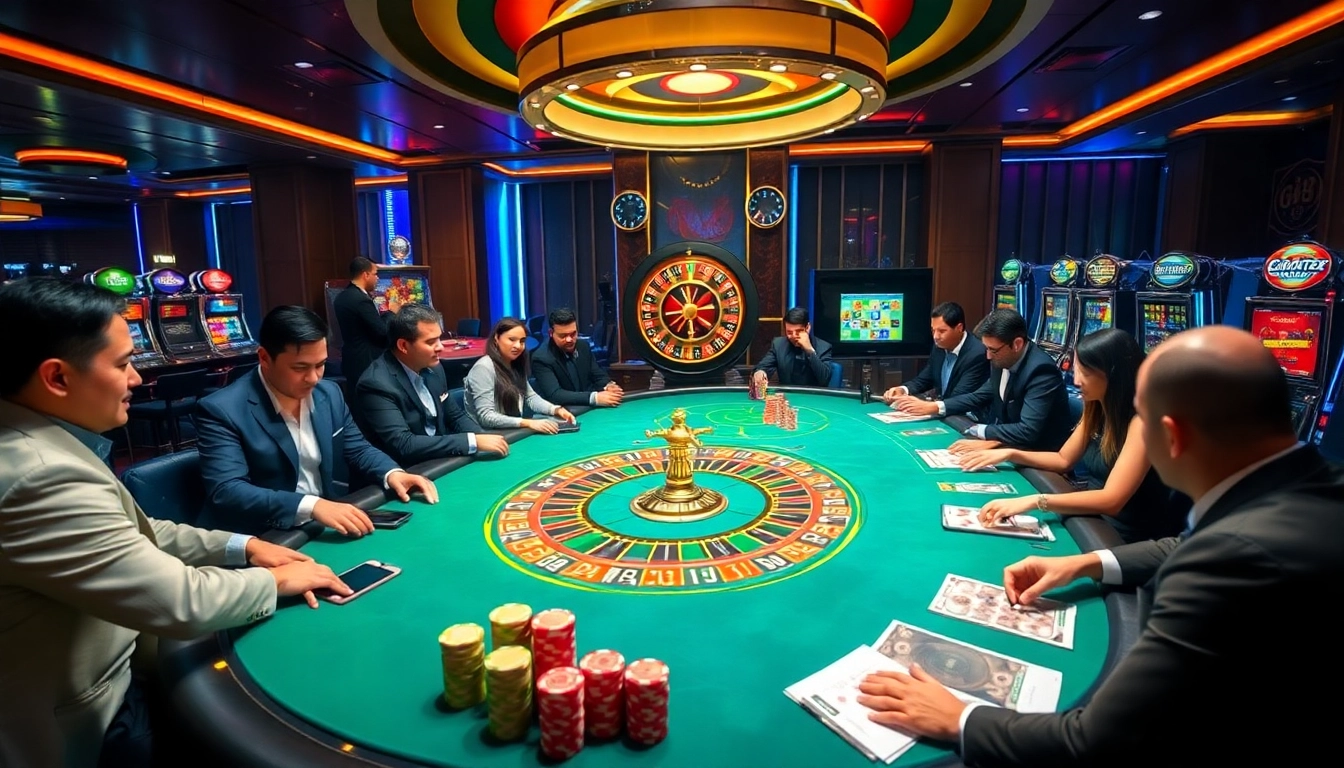 Gambling excitement at gg88 com with professional dealers at a poker table and a spinning roulette wheel.