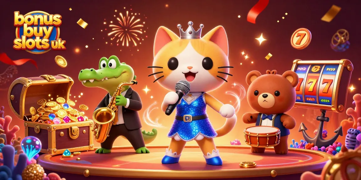 Experience bonus buy slots uk with 3D characters amidst vibrant casino elements and stunning visuals.