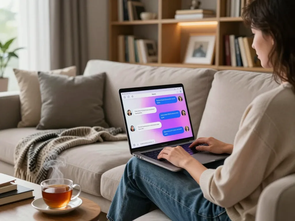 Engaging NSFW AI chat experience on laptop in a modern living room setting.