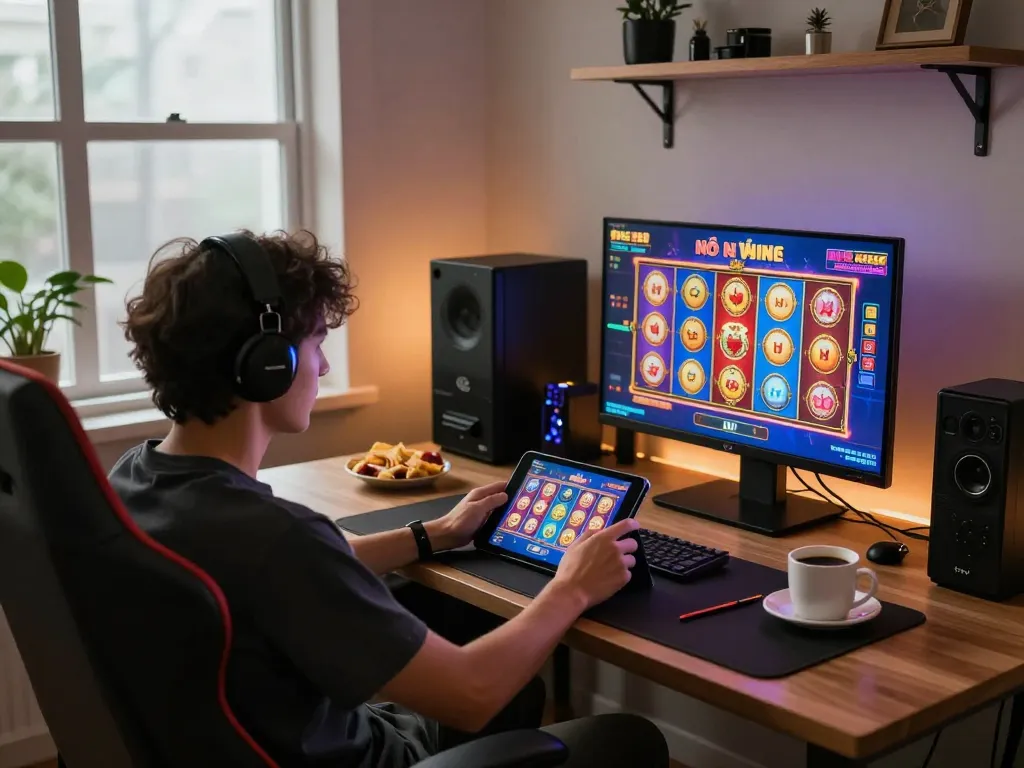 Nổ hũ player engaged with online game on tablet in cozy home atmosphere