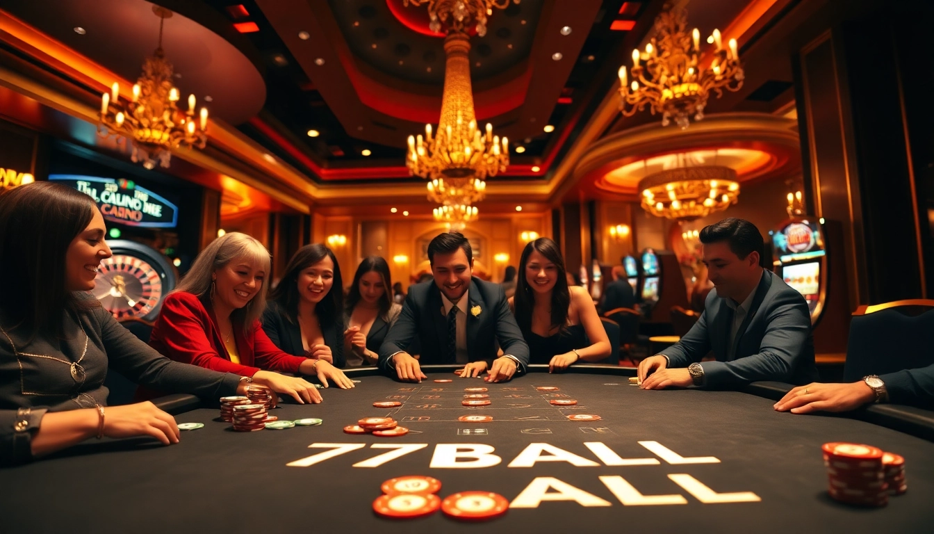 Experience the thrill of gaming at 77BALL casino with vibrant poker tables and exciting players.
